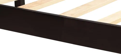 Vista 8 de Elegante cama de plataforma de tamaño Queen con cabecero, plataforma de madera maciza con soporte de listones de madera para dormitorio