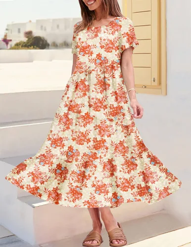 Vista 2 de ZESICA Vestido midi suelto de manga corta con cuello redondo y estampado floral de verano 2023 para mujer