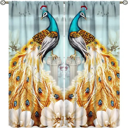 Vista 12 de Cortinas opacas de pavo real, hermoso patrón de estampado de flores de pavo real azul, estampado de mariposas y pavo real, juego de 2 paneles