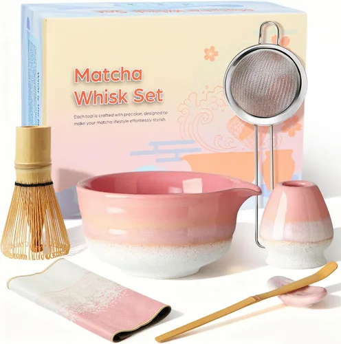 Juego de batidor de matcha, kit de matcha con cuenco de cerámica de 18 onzas, batidor de bambú de 100 puntas, tamiz de acero inoxidable y