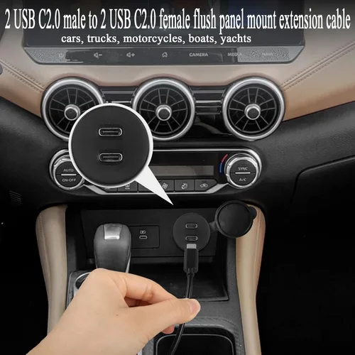 Vista 3 de QIANRENON 2 USB C roscado montaje empotrado cable impermeable doble USB C 2.0 macho a hembra montaje en tablero de coche cable de extensión