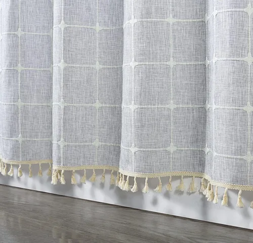 Vista 24 de YoKii Cortina de ducha estilo bohemio de estilo rústico de color blanco marfil, extra larga de 84 pulgadas, sin arrugas y ultra gruesa, de lino