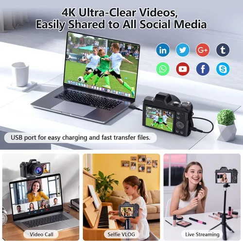 Vista 6 de Cámara Digital 4K para Fotografía y Vlogging, Cámaras Digitales de 56MP Tipo Point and Shoot con Pantalla Abatible de 180°, Cámara de Viaje Compacta