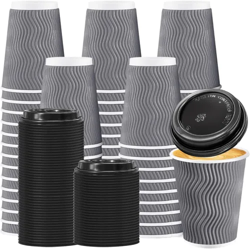 Vista 10 de BYSNOW Tazas de café de 10 onzas con tapas, paquete de 100 tazas de café desechables aisladas, vasos de papel ondulado para agua, jugo, café