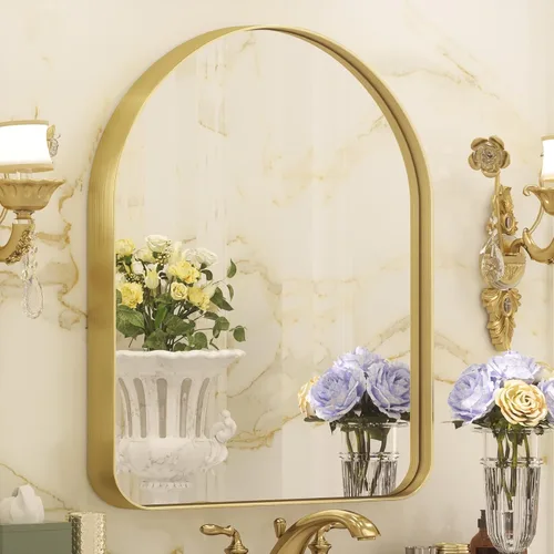 TETOTE Espejo arqueado dorado para baño, espejo de tocador montado en la pared de 30 x 36 pulgadas, espejos de granja con marco de metal de latón