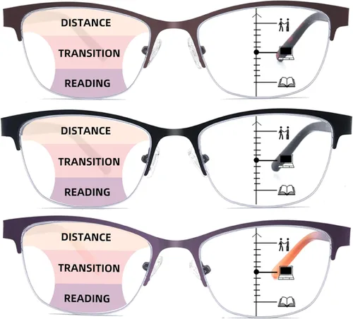 Vista 2 de Paquete de 3 lentes de lectura progresivos para mujeres y hombres, de metal, medio marco, multifocales con bisagras de resorte