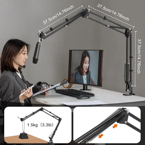 Vista 6 de Brazo de brazo para micrófono, soporte de micrófono de escritorio profesional con adaptadores de 1/4 pulgadas, 3/8 pulgadas, 5/8 pulgadas