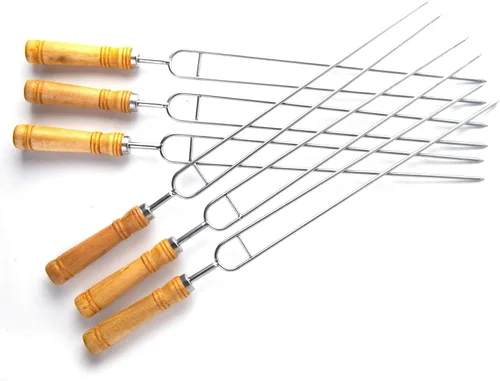 Vista 4 de IMEEA Brochetas dobles para asar brochetas gruesas de acero inoxidable con mango de madera, 16.5 pulgadas
