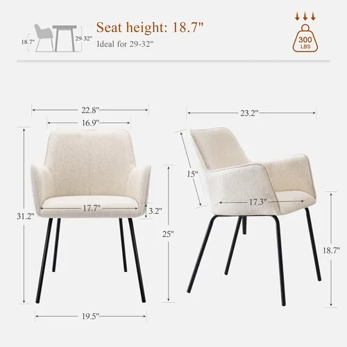 Vista 2 de Sillas de comedor beige con brazos, silla de comedor de lino, sillas de comedor tapizadas modernas con patas de metal, silla pequeña para espacio
