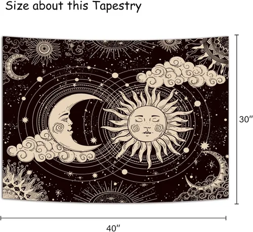 Vista 2 de Wonrizon Tapiz de sol y luna, estético, negro oscuro, espiritual, místico, sol ardiente con nubes, estrellas, decoración para colgar en la pared