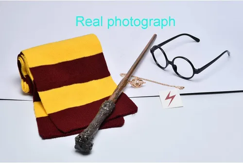 Vista 4 de Accesorios para disfraz de cosplay para fiesta de cumpleaños de Harry Set incluye varita mágica, marco de lentes, bufanda de punto