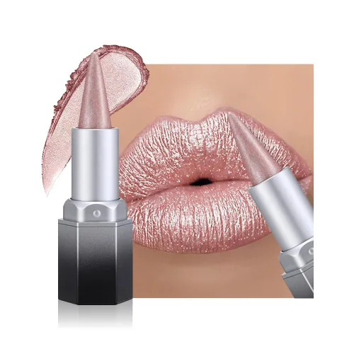 evpct Combo de delineador de labios metálico rosa brillante y lápiz labial, lápiz labial con punta de cono para mujer, de larga duración,