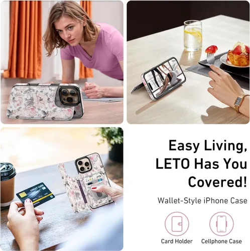 Vista 1335 de LETO para iPhone 15 Pro Funda tipo cartera - Tapa tipo folio con patada - Diseños de moda - Tarjetero - Funda protectora para mujeres y niñas - 6.1