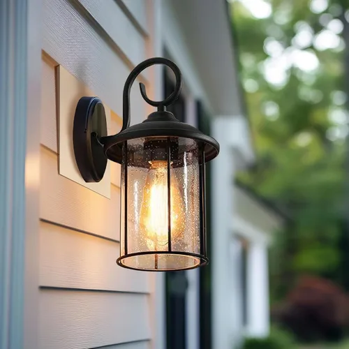 LALUZ Farol de pared exterior de casa de campo con vidrio sembrado, accesorio de iluminación de montaje en pared exterior en acabado negro lijado