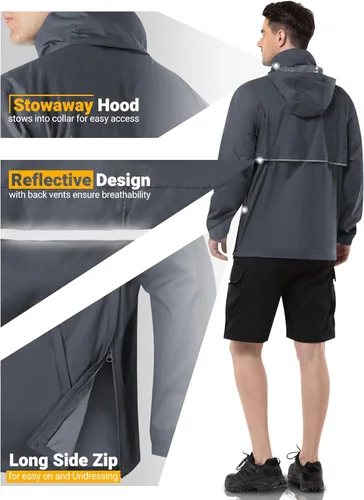 Vista 4 de Outdoor Ventures Chaqueta de lluvia para hombre, impermeable, ligera, plegable, para senderismo, golf, correr