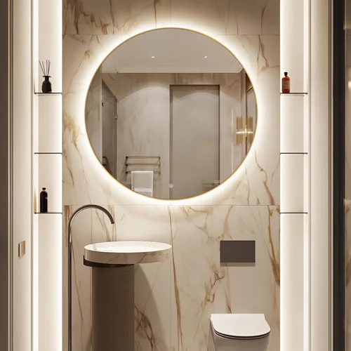 Vista 11 de Espejo de Baño LED Redondo de 24", Espejo de Tocador Retroiluminado Montado en Pared con Marco Biselado de 45°, Espejo Iluminado para Dormitorio