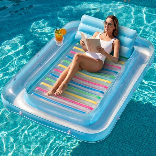 JAMBO Flotador inflable para bronceado en piscina, 70 x 47 pulgadas, flotador de bronceado en piscina con almohada, balsa de agua para relajarse,