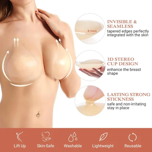 Vista 3 de Sticky Bra Push Up 2 Pairs, Nipple Covers for Women Silicone Adhesive Bra Pasties