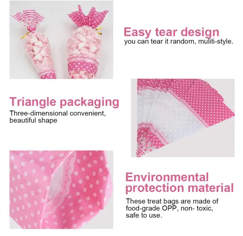 Vista 3 de FTVOGUE 50 bolsas transparentes en forma de cono para palomitas de maíz, bolsas de celofán para dulces con lazos giratorios (rosa)