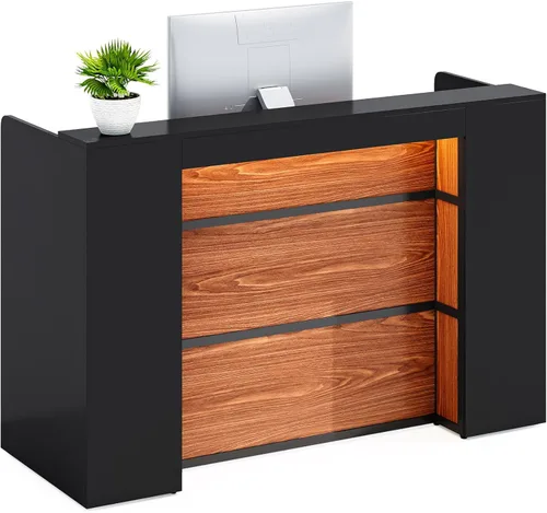 LITTLE TREE Escritorio de recepción de 63 pulgadas, mesa de recepción moderna con luz LED, mostrador frontal, mostrador de madera para vestíbulos,