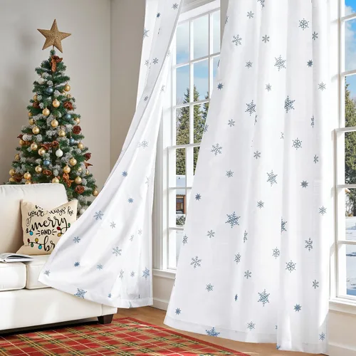 Vista 5 de Cortinas de copos de nieve de Jinchan para sala de estar y dormitorio, azul con bordado, blancas, de 63 pulgadas de largo (160.02 cm), con pestaña