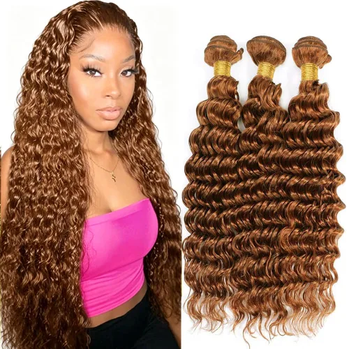 Vista 67 de P4613 Cabello humano rizado onda profunda marrón y paquetes mixtos 8 10 12 P4613 Ombre Marrón-Rubio-DP
