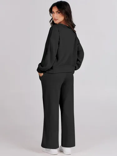 Vista 5 de ANRABESS Conjunto de dos piezas para mujer, conjunto de manga larga con cuello en V y pantalones de pierna ancha