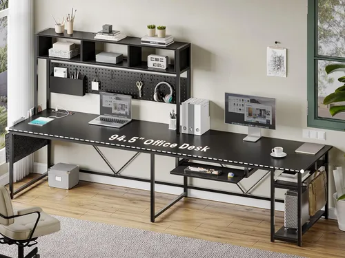 Vista 2 de SEDETA Escritorio para juegos en forma de L, escritorio reversible para computadora con toma de corriente y tablero de clavijas, escritorio