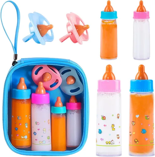 SCOM Accesorios para biberones de muñeca de bebé, 6 piezas, juguetes de biberón, leche mágica que desaparece y jugo, juego de simulación con