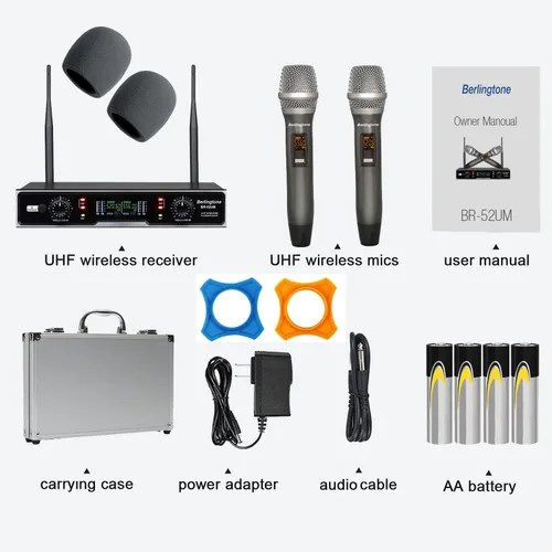 Vista 6 de Sistema de micrófono inalámbrico UHF dual dinámico profesional, micrófono y base de metal, para cantar, karaoke, iglesia, boda, reunión, alcance