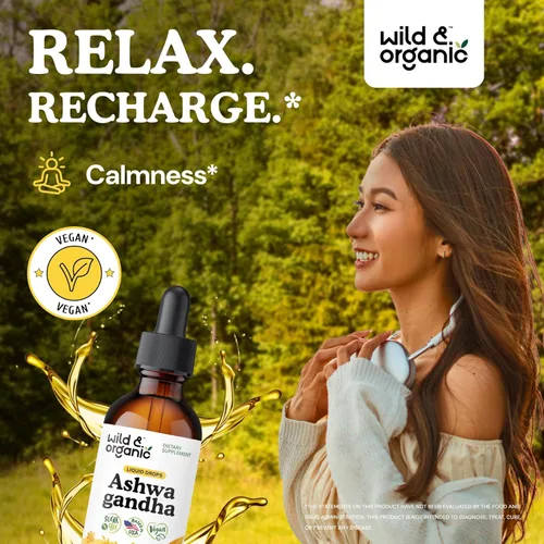 Vista 2 de Wild & Organic Ashwagandha - Gotas líquidas – Extracto de raíz de Ashwagandha calmante para la relajación – Suministro de 1 mes – Suplementos