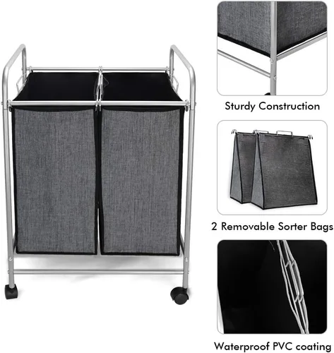 Vista 2 de JEFEE Laundry Sorter Cart Heavy Duty 2 bag Laundry Hamper with Rolling Wheels Removable Bags Laundry Basket Sorter Organization and Cloth Storage
