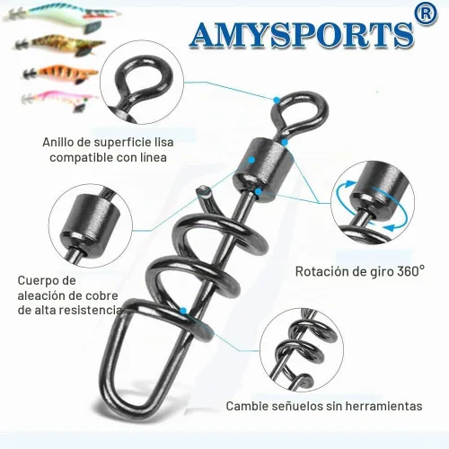 AMYSPORTS Giratorios de pesca Sacacorchos a presión Giratorios de aparejos de pesca Aguas saladas Líder de agua dulce Señuelo línea Conector