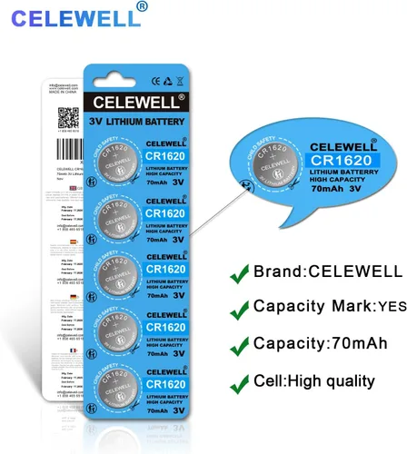 Vista 3 de CELEWELL CR1620 - Paquete de 5 baterías de litio para rastreador de llaves, 70 mAh, 3 V, batería de litio