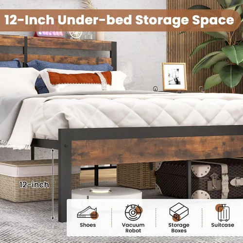 Vista 4 de Giantex Base de cama de metal con estación de carga, plataforma industrial con cabecera de almacenamiento, base de colchón resistente, fácil