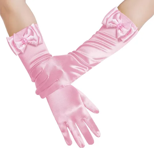 Vista 6 de Yolyoo Guantes de princesa para niñas, color blanco, largos, de satén, con lazo, para cumpleaños, boda, fiesta de disfraces