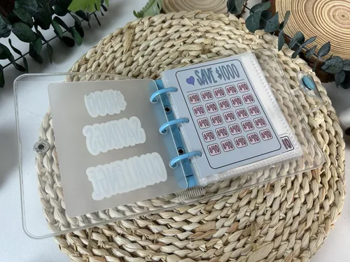 Vista 2 de Carpeta de desafío de ahorro 1000 mini, libro de desafíos de ahorro mensual con sobres, carpeta de presupuesto con sobres para efectivo, color azul