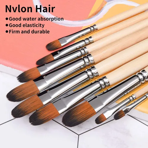 Vista 3 de Artist Filbert - Juego de 9 pinceles de pintura profesional con mango largo, cepillos de nailon suave para el cabello, para aceite acrílico