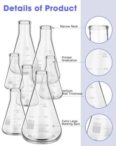 Vista 2 de Erlenmeyer - Juego de 9 frascos de vidrio con varilla agitadora de vidrio, 7 tamaños, 1.7 fl oz, 3.4 fl oz, 5.1 fl oz, 6.8 fl oz, 8.5 fl oz, 10.1 fl