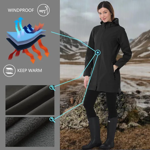 Vista 5 de Outdoor Ventures Chaqueta Softshell para mujer con capucha extraíble con vellón, cortavientos con aislamiento, larga y cálida