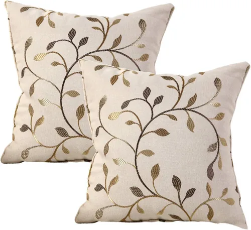 GYROHOME Funda de almohada, paquete de 2, funda de cojín cuadrada decorativa con patrón de hojas jacquard, bordado, clásico, dorado, 16 x 16 pulgadas