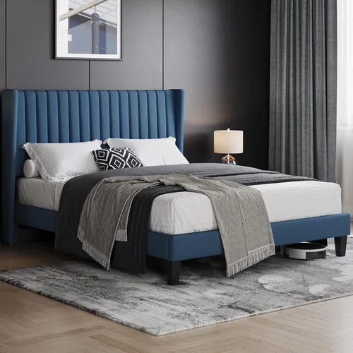 Vista 3 de Topeakmart Base de cama tapizada tamaño Queen con base de colchón/cabecera copetuda y soporte de listones de madera, no necesita somier