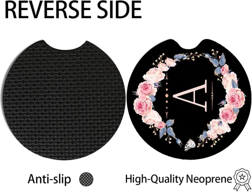 Vista 3 de 2 piezas de posavasos de coche con la letra A, posavasos absorbentes universales de neopreno con muesca para el dedo, accesorios de coche para mujer