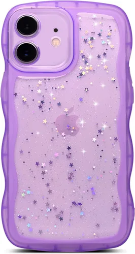 Vista 91 de Qokey para iPhone 14 Plus Funda de 6.7" con diseño de borde ondulado rizado, transparente, con purpurina, brillo, estrellas, brillante, lindo