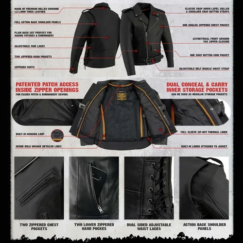 Vista 4 de Chamarra Leather King clasica de hombres, de cuero, estilo clásico, tira lateral, estilo policía de moto