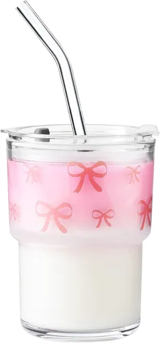 Vista 10 de Olvini Vaso de vidrio de 13 onzas con popote y tapa, vaso reutilizable para café helado, bonitas tazas de vidrio para agua, matcha, tazas de café