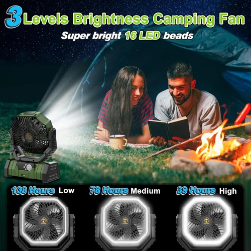 Vista 4 de Ventilador de campamento recargable de 20000 mAh, ventilador portátil oscilante automático para acampar con control remoto y linterna LED