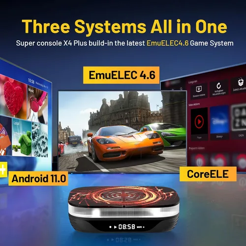 Vista 3 de Kinhank Super Console X4 Plus Consola de videojuegos preintegrada 60000+juegos, consola de juegos retro muELEC 4.6Android 11.0CoreELEC 3 sistemas