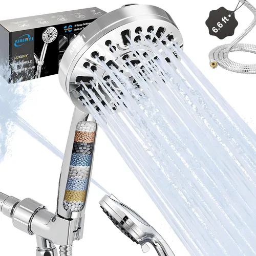 Cabezal de ducha filtrado de alta presión con 10 pulverizadores, cabezal de ducha grande de 5 pulgadas con manguera de ducha de acero inoxidable de