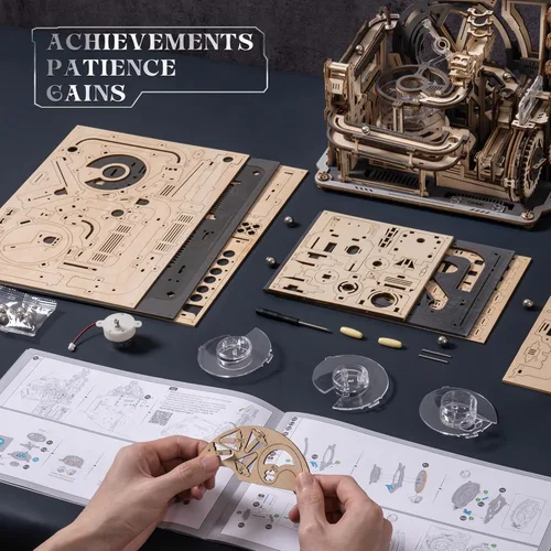 Vista 5 de ROKR Rompecabezas 3D para adultos, kits de modelos eléctricos Marble Space port LGC01, 472 piezas de rompecabezas de madera con diseño de canicas